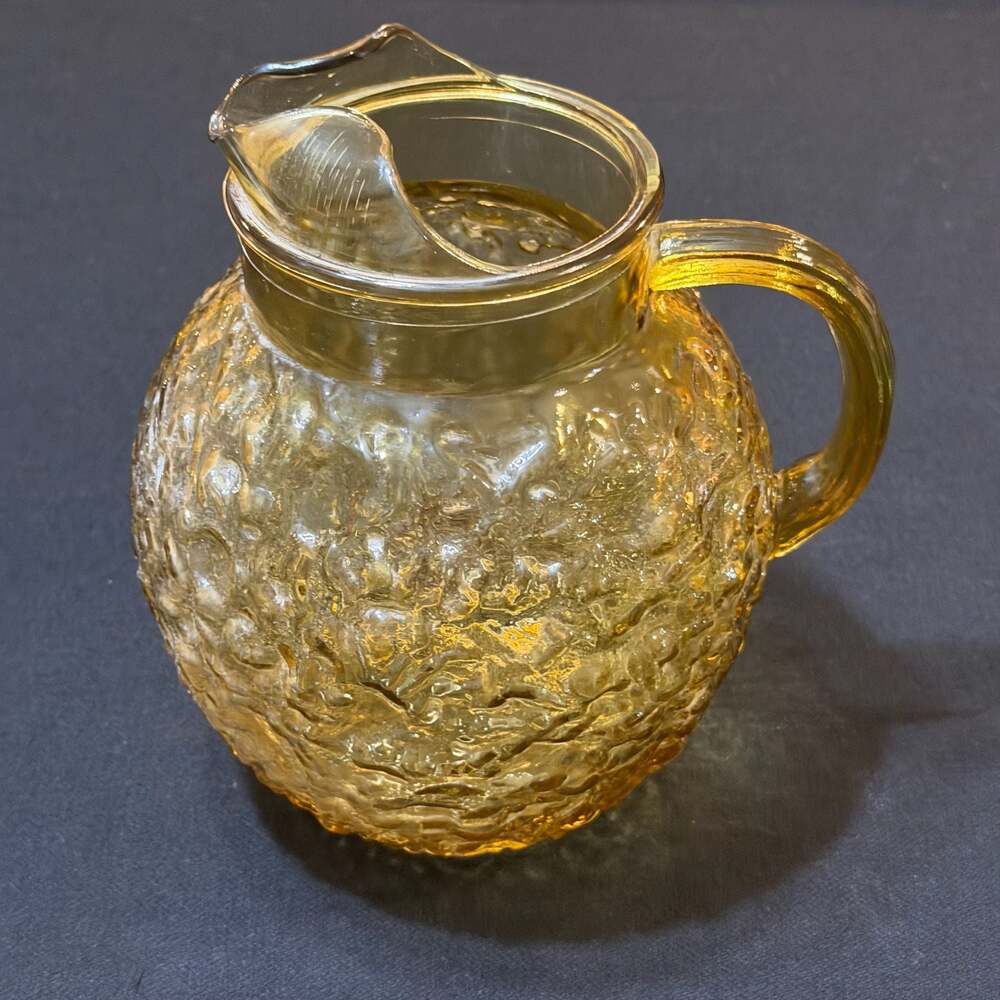 Vintage Anchor Hocking Lido Milano Amber Crinkle Glass Water Pitcher 95oz